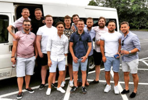 Young group of lads ready to enjoy their trip on a 16 seater with Lancaster Minibuses
